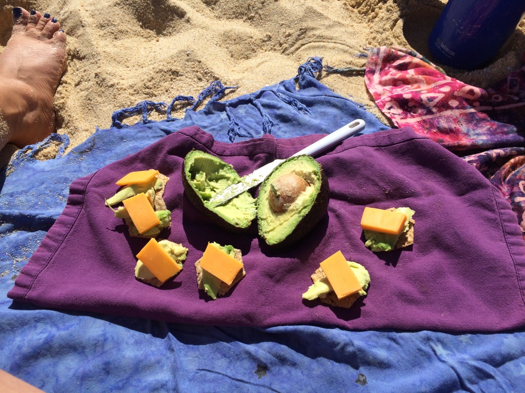 Beach snacks!  Avocado cheese and crackers
